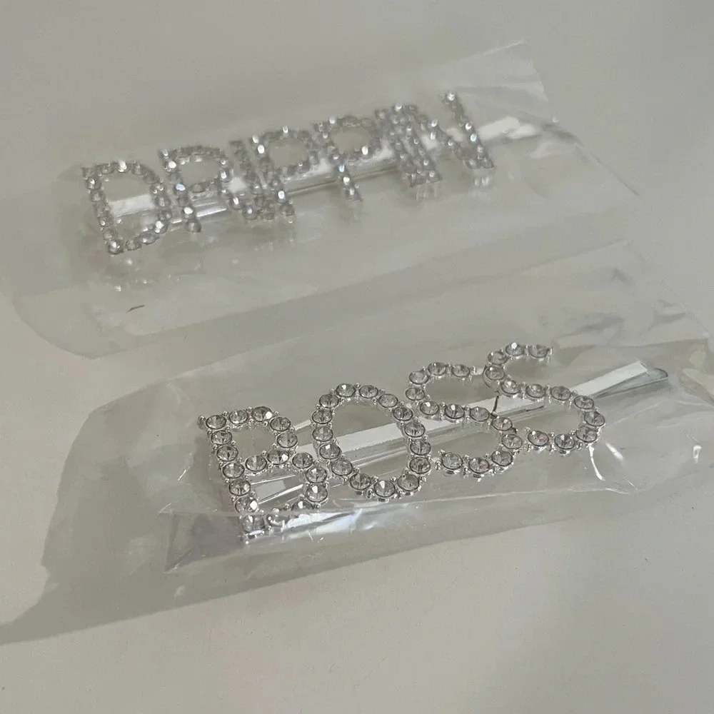 Crystal Rhinestone Studded Metal Hair Pin Accessories “DRIPPIN” & “BOSS” Set